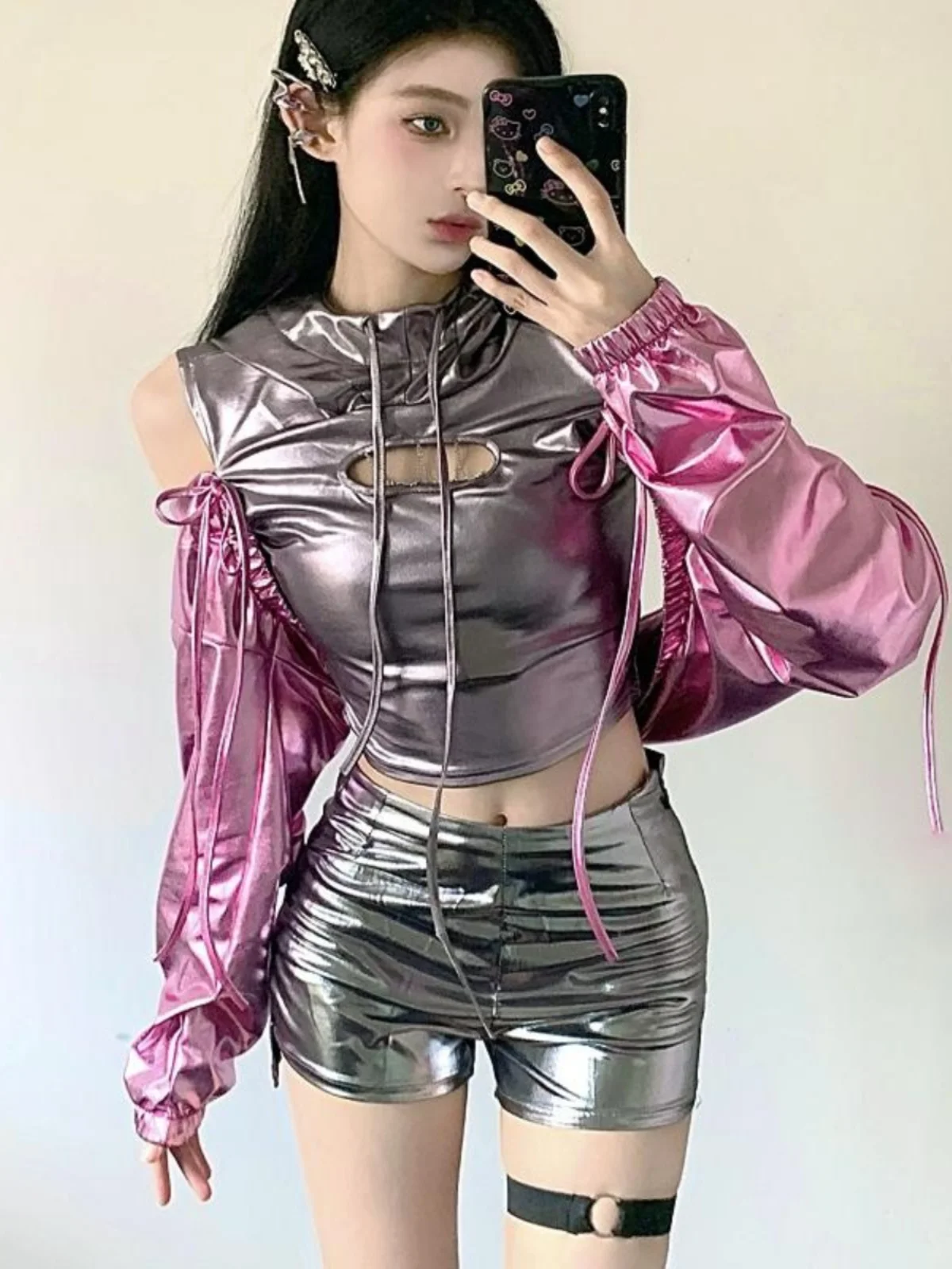 New Silver Tech Feel Street Dance Performance Costume DS Bar Show Suit Fashionable Model Outfit Polyester Fabric Ladies' Wear