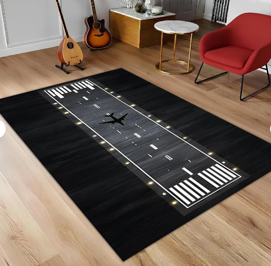 Airplane Runway Area Rug, Aviation Pilot Style Floor Mat, Black Airport Landing Strip Decor, Modern Living Room Carpet