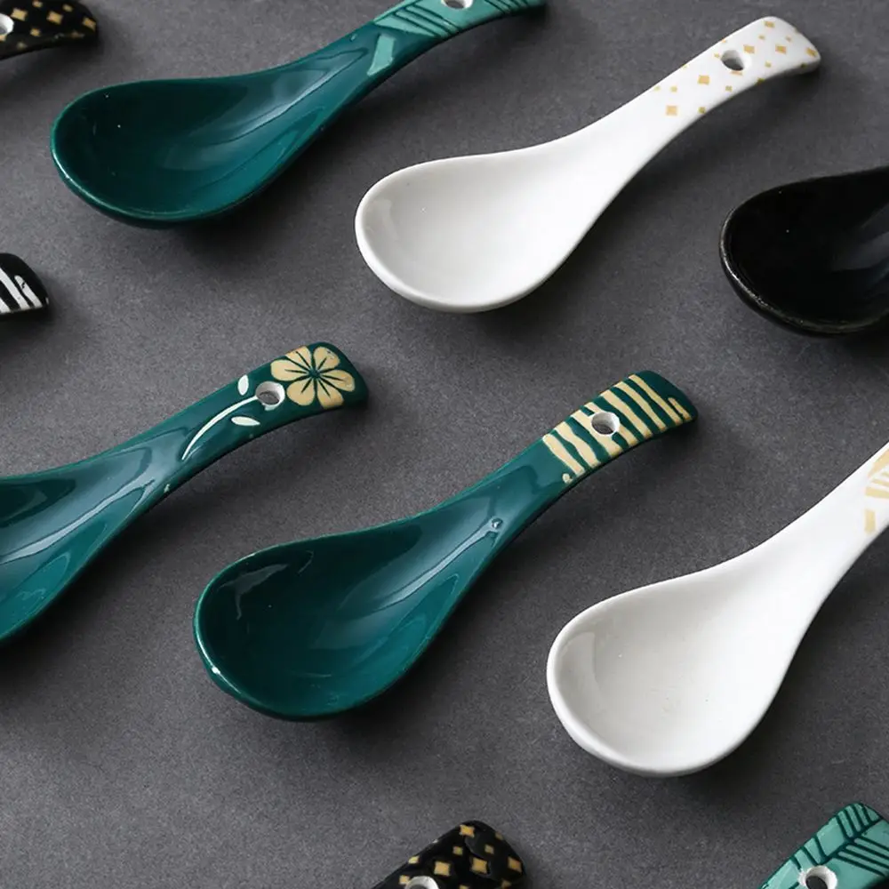 Creative Japanese Style Ceramic Hand-painted Soup Spoon Home Restaurant Retro Simple Tableware Decoration Drink Soup Spoon