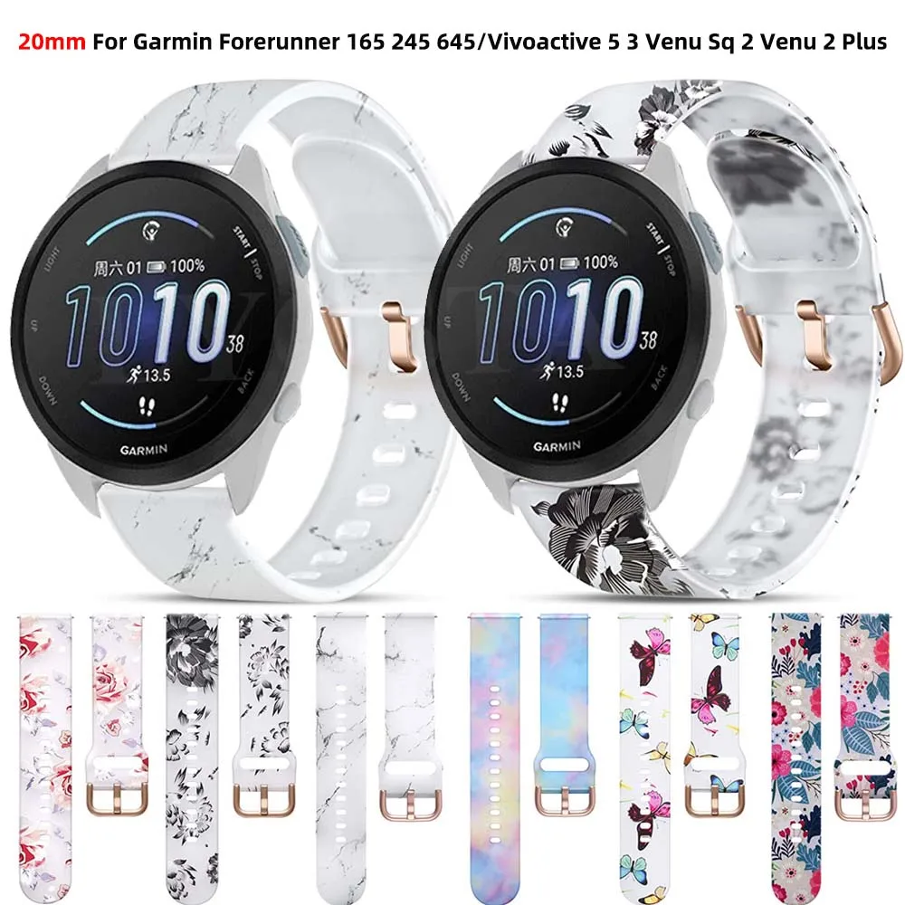 20mm Smart Watch Printed Strap For Garmin Forerunner 165 158 55 645 Vivoactive 5 3 Venu 2 Plus SQ 2 Silicone Bracelet Wristband