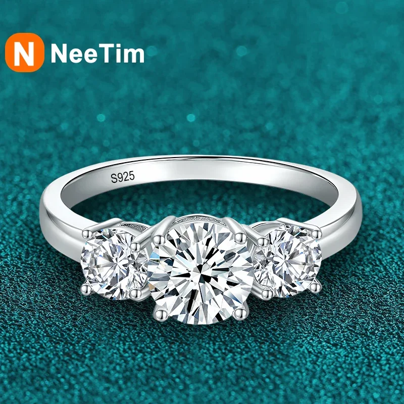 

NeeTim Full D Color Moissanite Ring 925 Sterling Silver Rings for Women 3-Stone Proposal Engagement Wedding Bands Party Jewelry