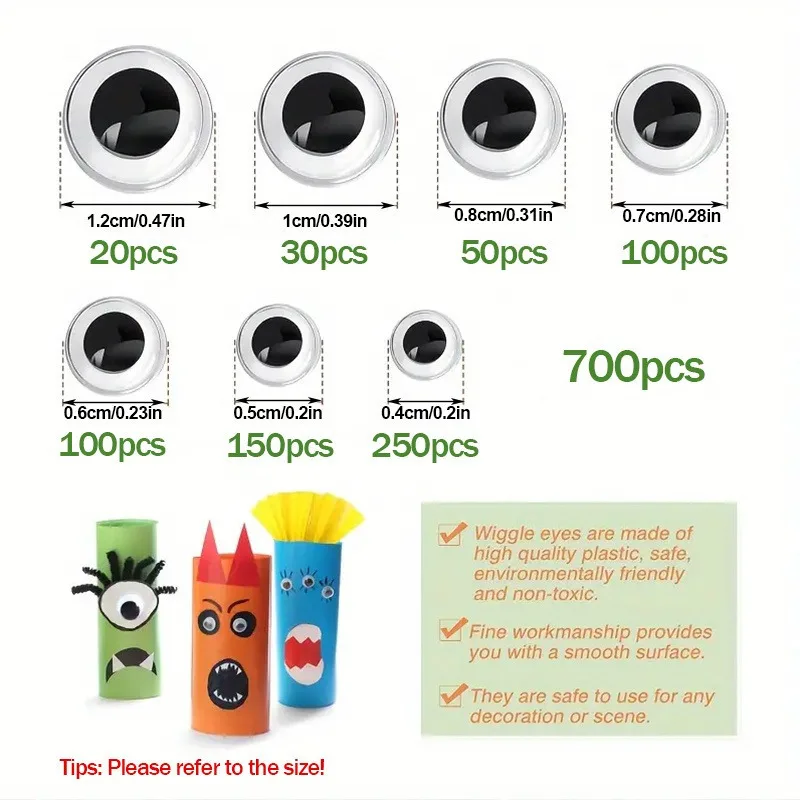 700pcs/Box Black Wiggle Googly Eyes With Self-adhesive, Mixed Sizes Eyes Stickers With Storage Box, Googly Eyes For DIY Crafts