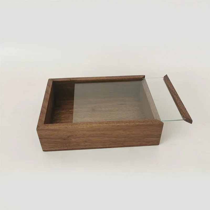 Schwarze Walnuss-Vitrine aus massivem Holz mit Glasabdeckung, transparente Organizer-Boxen, staubdicht, Kleinigkeiten, Kommode