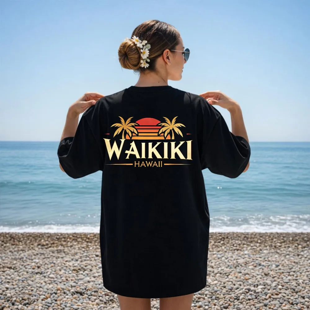 Cotton Tees Retro Sunset Waikiki Hawaii T-Shirt for Men Women Short Sleeve Crewneck Palm Tree Beach Vacation Gift Apparel Tops
