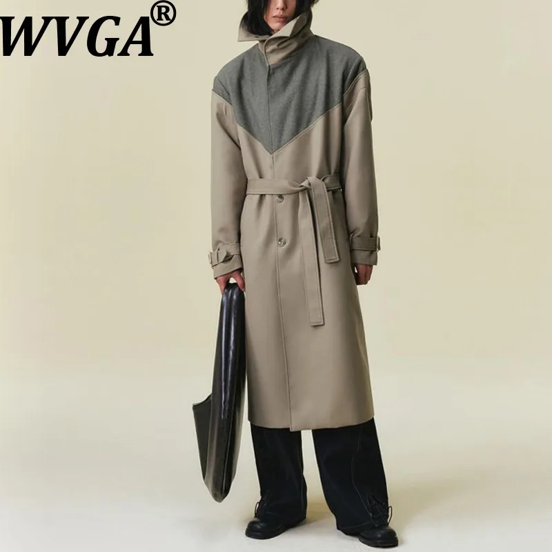 

WVGA Autumn Winter New Man Tide Patchwork Trendy Button Long Sleeve Trench Coat Niche Chic Casual Turn-Down Collar Jacket W14602
