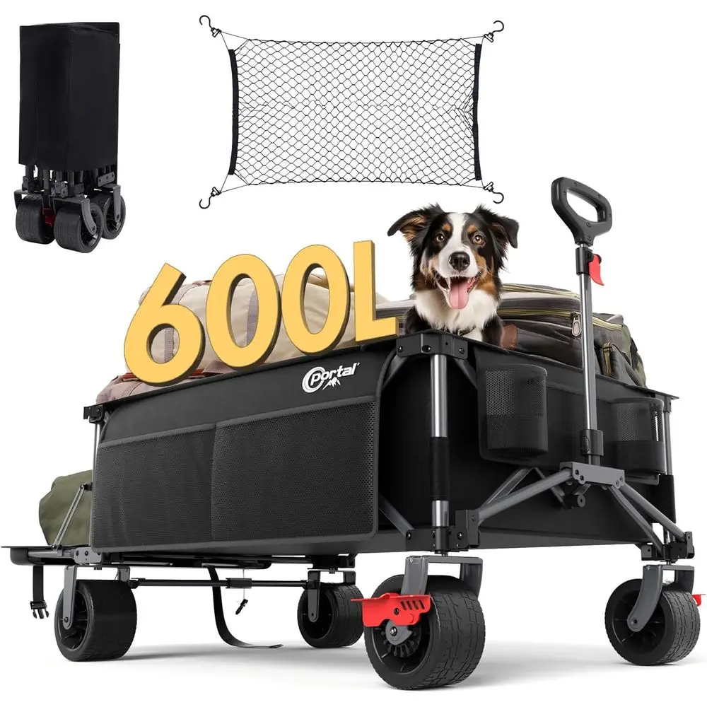 26" Extra Wide 55" Long oldable Wagon with Taiate, Large 600L Collapsible Wagon with Cargo Net, 500 LBs Heavy Duty Utility Cart