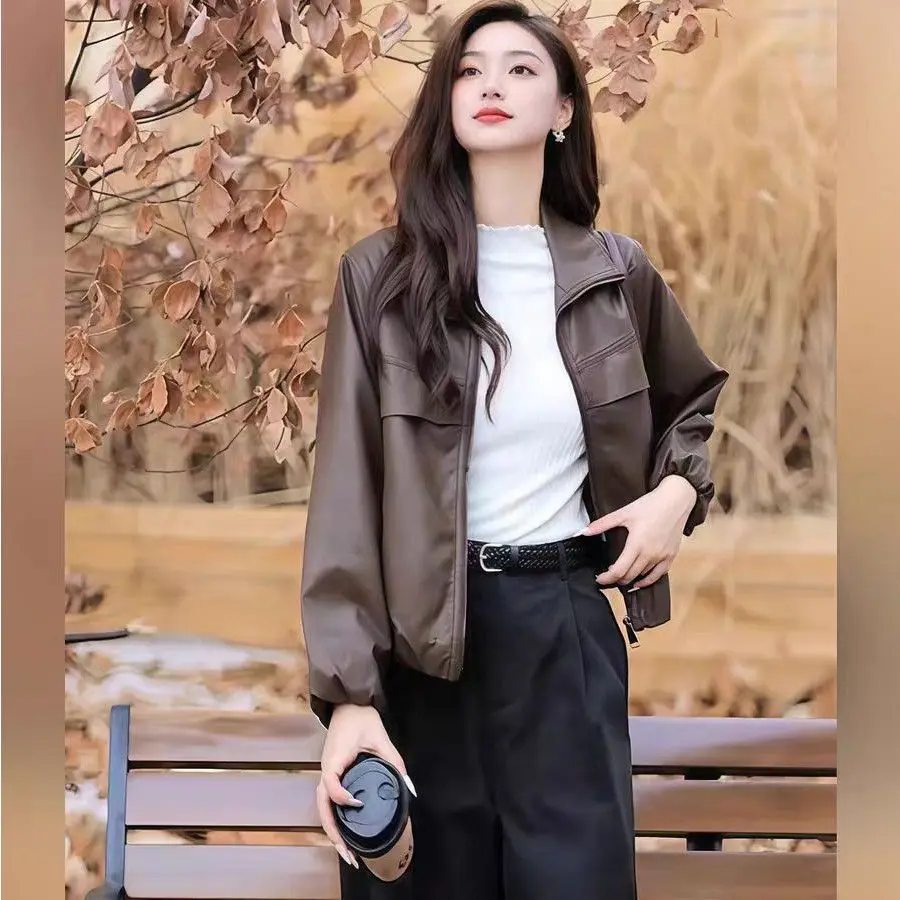 

High-Quality Leather Jacket Women's 2026 Spring Autumn New Fashion Coat Short Retro Outwear Motorcycle Leather Coats Female Tops