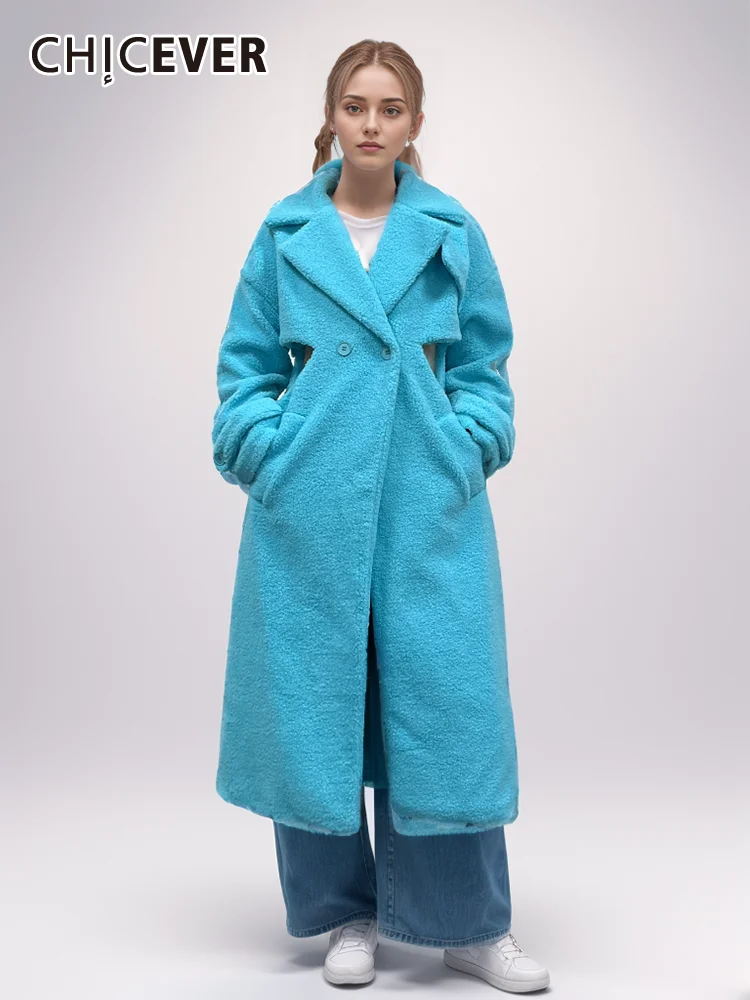 

CHICEVER Temperament Hollow Out Coats For Women Lapel Long Sleeve Double Breasted Autumn Fashion Loose Lambswool Coat Female New