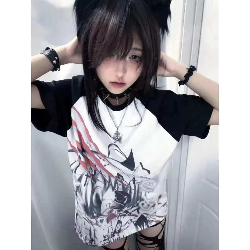 Harajuku Japanese Animation Sleeve Y2k Aesthetic Casual T-shirts for Women Subculture 2024 Loose Graphic Printed Short-sleeve