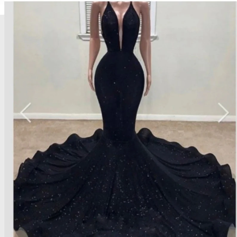 Black African American Prom Dresses Mermaid Spaghetti Straps Sequins Black Girls Robe De Soiree Evening Dress Gown Customized