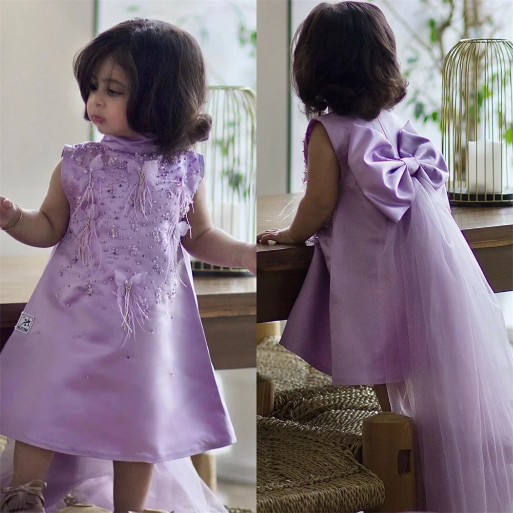 Customized Flower Girl Dress Dearin High Collar A-line Knee Length Skirts Bows Tulle Sleeveless Applique Bead Dresses