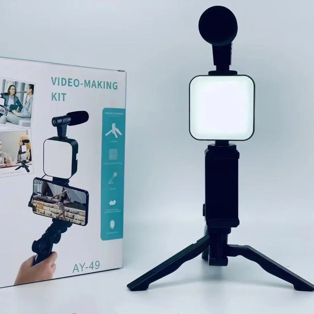 Kit de vlogging para teléfono inteligente con trípode, soporte para teléfono, Mini micrófono, luz de relleno LED, arrancador para TikTok, transmisión en vivo, vídeo, YouTube