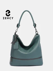 Zency Women Winter Genuine Leather Large Tote Elegant Hobo Handbag Shopper Shoulder Bags Retro Blue Green Crossbody Multi-Pocket