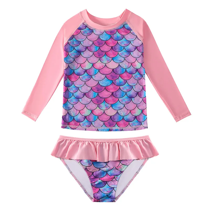 European And American Style Girls Long Sleeves Split Bathing Suit 4-9Years Kids Bikini Mermaids 3D Print Sunscreen Swimsuits