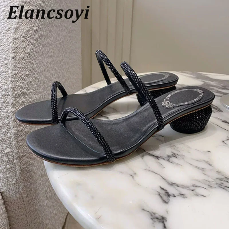 Fashion Slippers Women Shiny Crystal Mid Heels Fairy Sandals One Word Strap Chunky Heels Sandalias Summer Outdoor Vacation Shoes