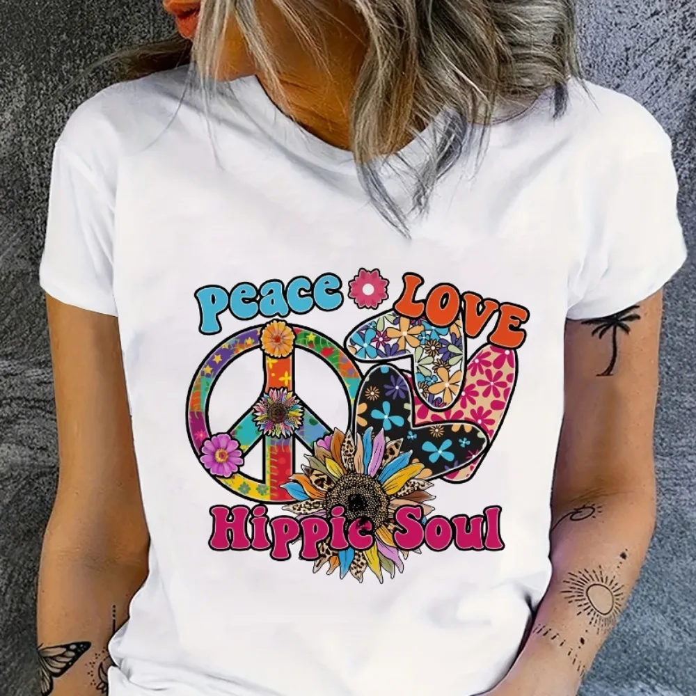 

Женская богемная футболка, ретро психоделический принт Peace Love Hippie Soul, короткий рукав с круглым вырезом, летний повседневный приталенный топ