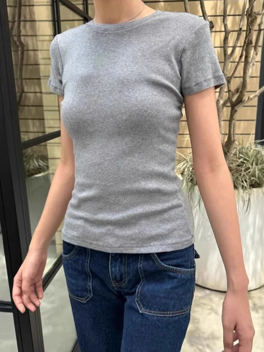 

Американская винтажная однотонная тонкая хлопковая футболка женская с круглым вырезом повседневные футболки с короткими рукавами летние милые футболки в консервативном стиле Y2k