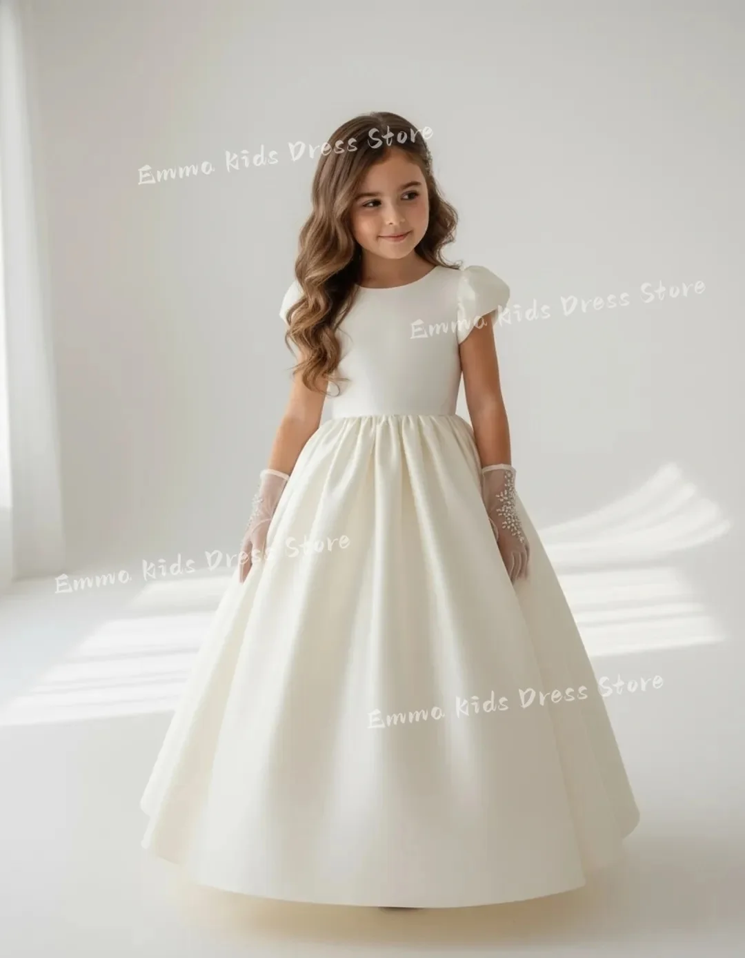 DEOIS Simple Satin Communion Dress for Girls Short Sleeves Flower Girl Dresses for Wedding FloorLengthPrincess Formal Gala Dress