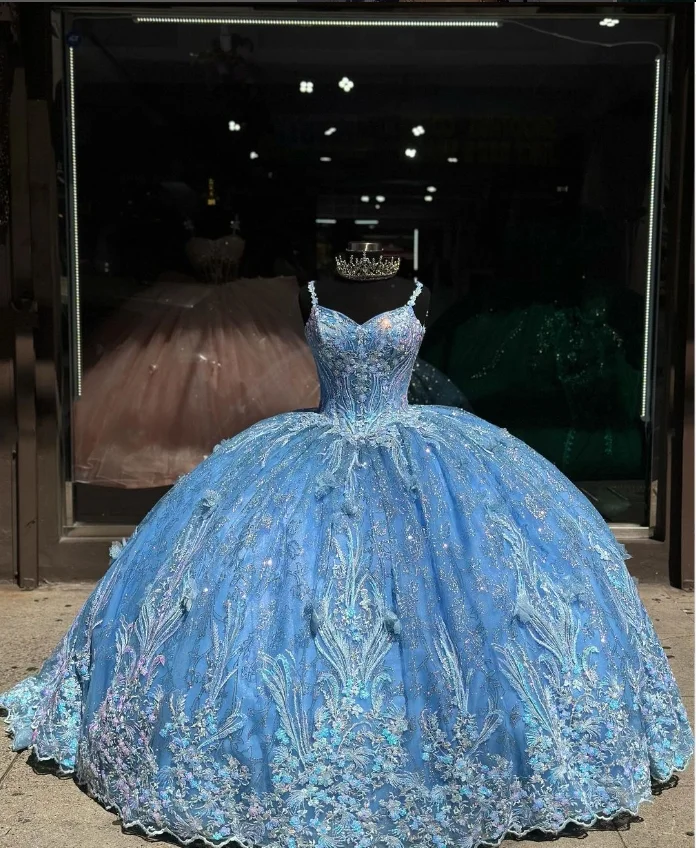 Sky Blue Princess 15 Quinceanera Dresses Luxury Spaghetti Strap Dazzling Applique Strap Shawl Vestido 15 Años Quinceañera Custom