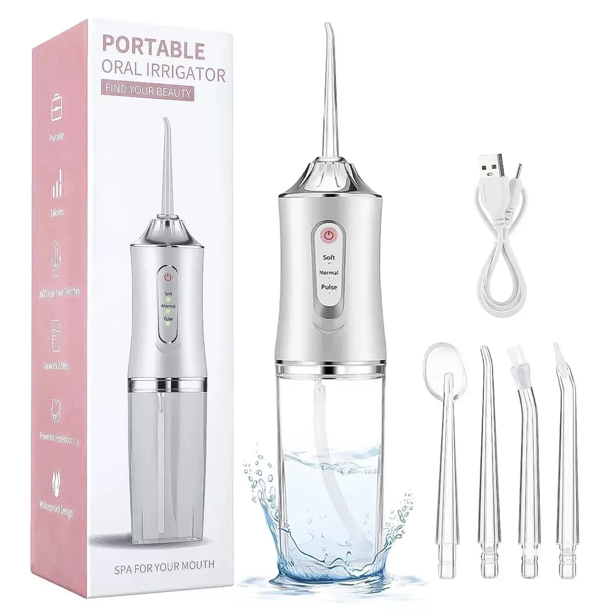 Oral Irrigator Portable Dental Water Flosser USB Rechargeable Water Jet Floss Tooth Pick 4 Jet Tip 220ml 3 Modes