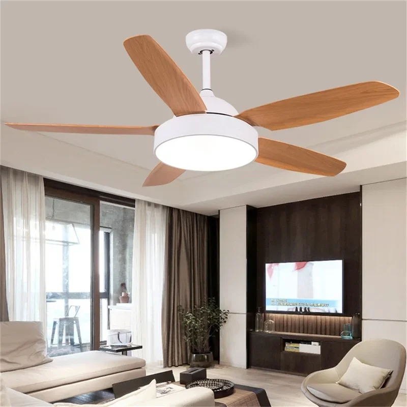 WPD Modern Simple Ceiling Fan Light Remote Control 52" LED Wood Lamp for Home Living Dining Room
