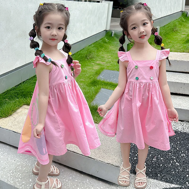 Toddler Teen Girls Dresses Summer 2023 Little Kids Butterfly Dress Printed Clothes Costume Factory Sale for 2-10 Years