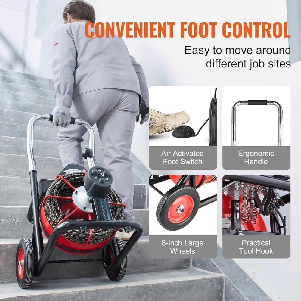 منظف تصريف التغذية التلقائي 100 قدم، 370 وات ثعبان المجاري المحمول مع 8 قواطع ومفتاح قدم لأنابيب 2-4 بوصة #6