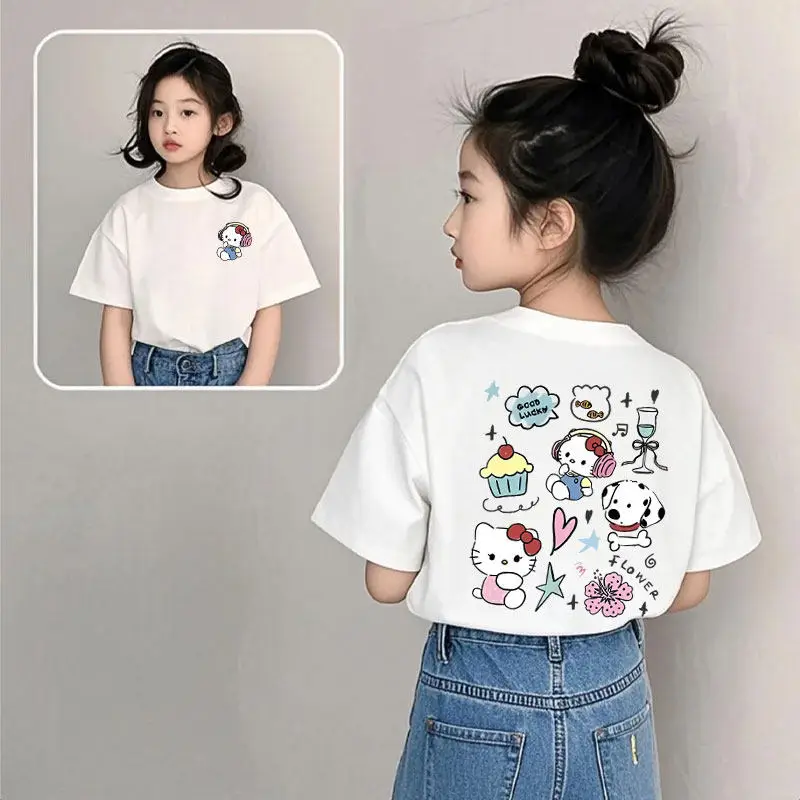 

Футболка с принтом Hello Kitty и собаки с большими ушами, милая футболка с короткими рукавами для девочек, новый топ в корейском стиле для девочек, комплект одежды для родителей и детей