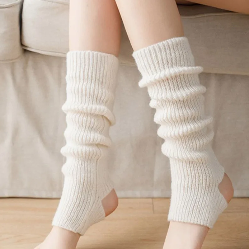 New Japanese Lolita Y2k Solid Color Leg Warmers Women Hollowed Out Foot Heel Warm Knitted Knee High Socks Legging Gaiters Cover