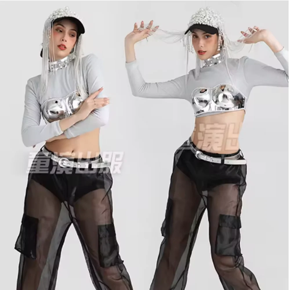 

Nightclub Bar Dance Clothes Gogo Party Show Clothing Showgirl Performance Wear Gray Crop Top Black Mesh Pants Jazz Outfit yj552