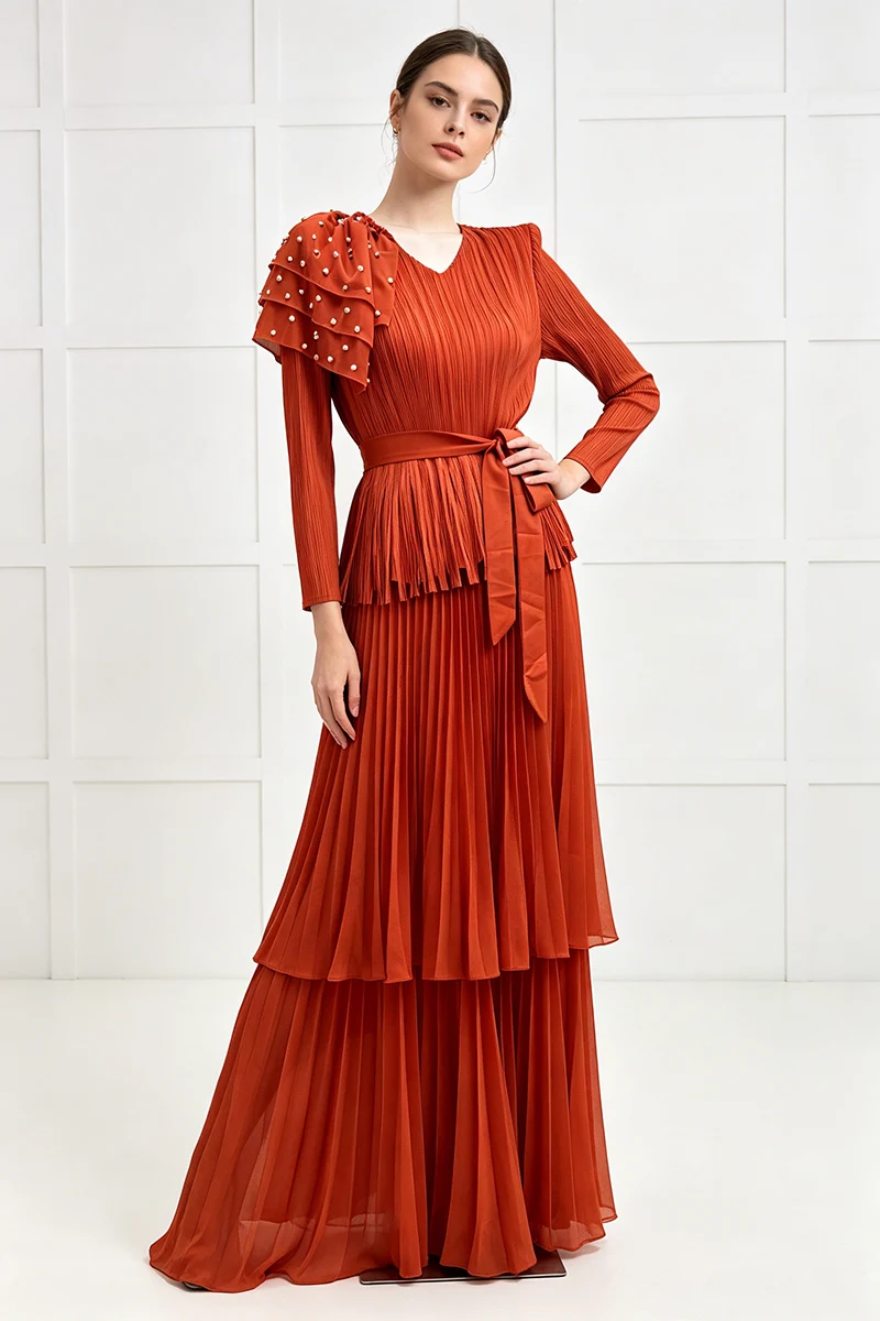 Elegantes Abendkleid Plissiertes Miyake-Kleid Damen Langarm V-Ausschnitt Einseitige Perlen Rüschen Taillierte Taille Chiffon Partykleid