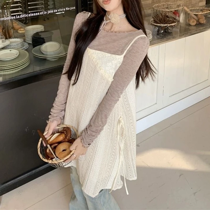 Frühling Herbst Unregelmäßige Einteilige Beige Spitze Ärmelloses Kleid Frauen Cover Up Layered Kurze Mini Slip Kleid Nette Hosenträger Kleid