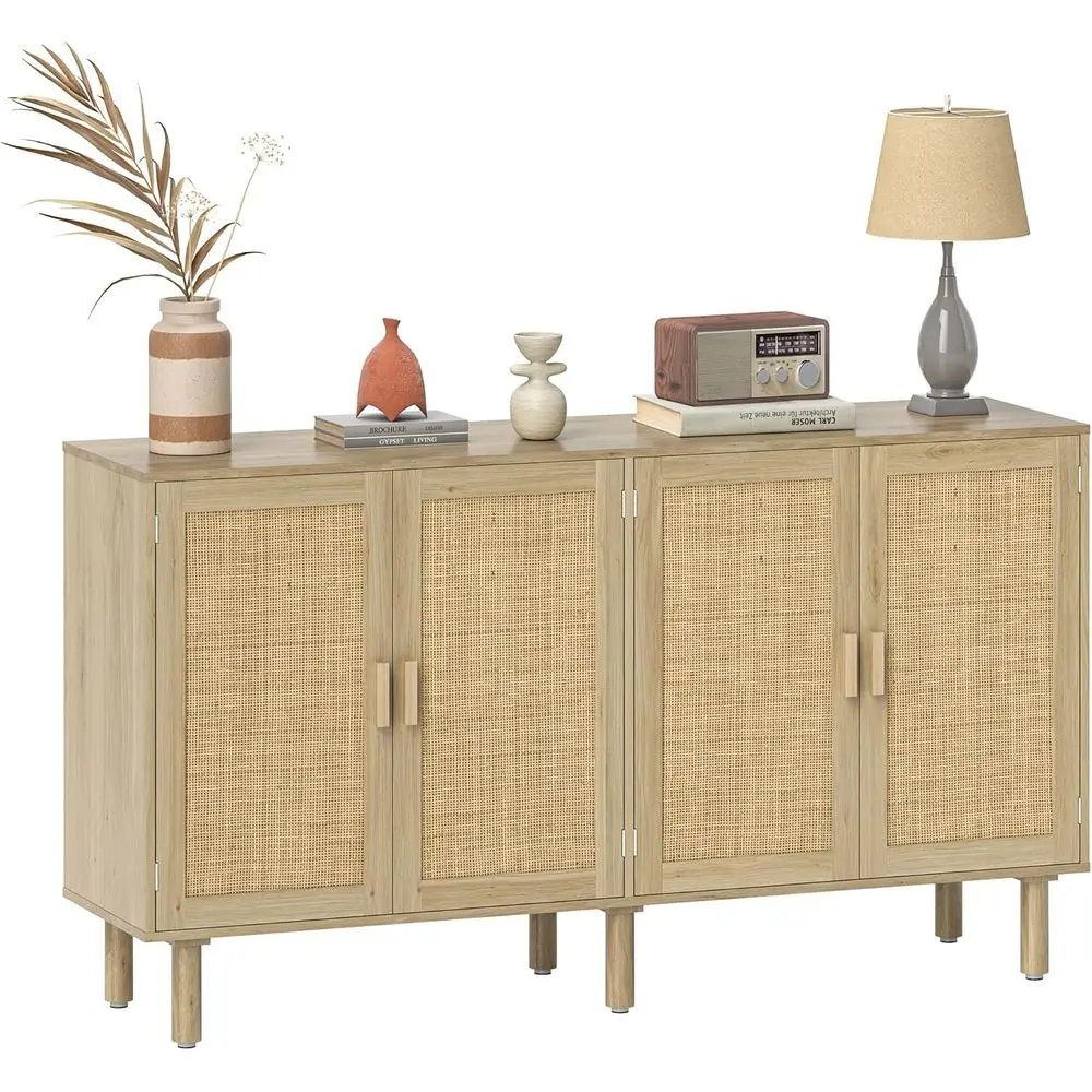62 Bohemian Style Buffet Table with Rattan Coffee Bar Cabinet for Kitchen or Living Room in Natural Finish