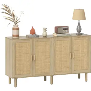 62 Bohemian Style Buffet Table with Rattan Coffee Bar Cabinet for Kitchen or Living Room in Natural Finish