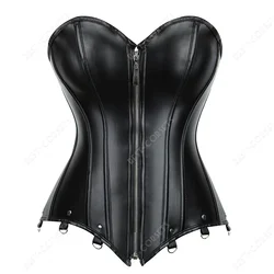 Gothic Corset Top with Garters Faux Leather Steampunk Corset Bustier Zipper Plus Size Black Red Bodices and Corsets for Women