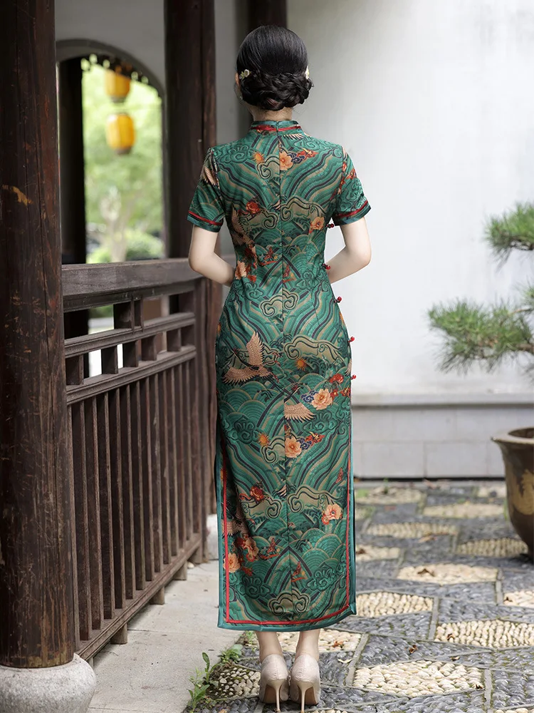 FZSLCYIYI Elegant Floral Crane Pritned Satin Long Qipao Short Sleeves Side Eight Button Double Layer Chinese Cheongsam Dress