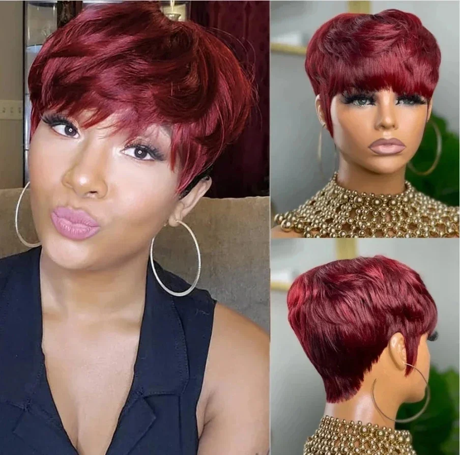 Lolely Dream 99J Red Colored Human Hair Wigs Pixie Cut Wig Human Hair Wigs Straigt Hair Peluca Humana Baratas Full Machine