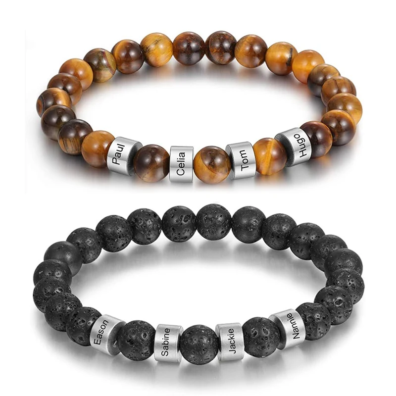 

Personalized Stainless Steel Beaded 1~5 Names Laser Engraved Bracelets Custom Tiger Eye Stone Bracelet for Men Father's Day Gift