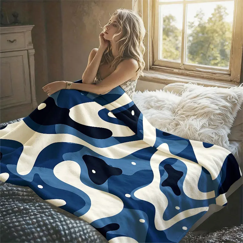Blue White Camo Fluid Flannel Blanket Perfect for Sofa Office Bed Travel Sleep Read Relax Camping Four Season Use