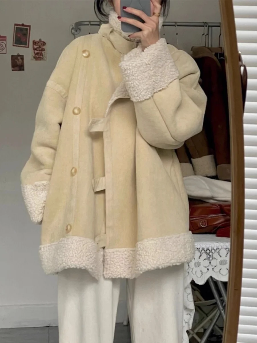 

Женский утепленный хлопковый кардиган с воротником из овечьей шерсти, зимняя верхняя одежда для повседневной носки