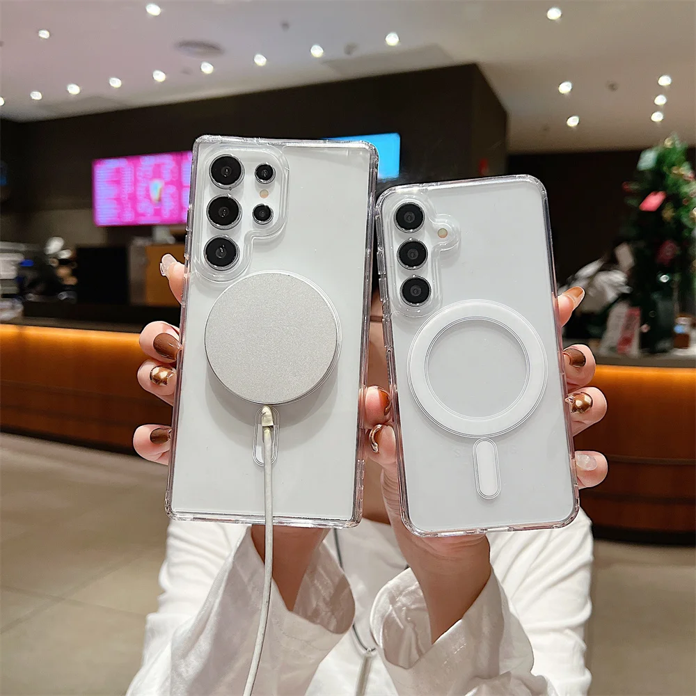 Modne przezroczyste magnetyczne etui z obsługą ładowania bezprzewodowego MagSafe do Samsung Galaxy S25 S24 S23 S22 S21 S20 Plus FE Ultra, odporne na upadki.