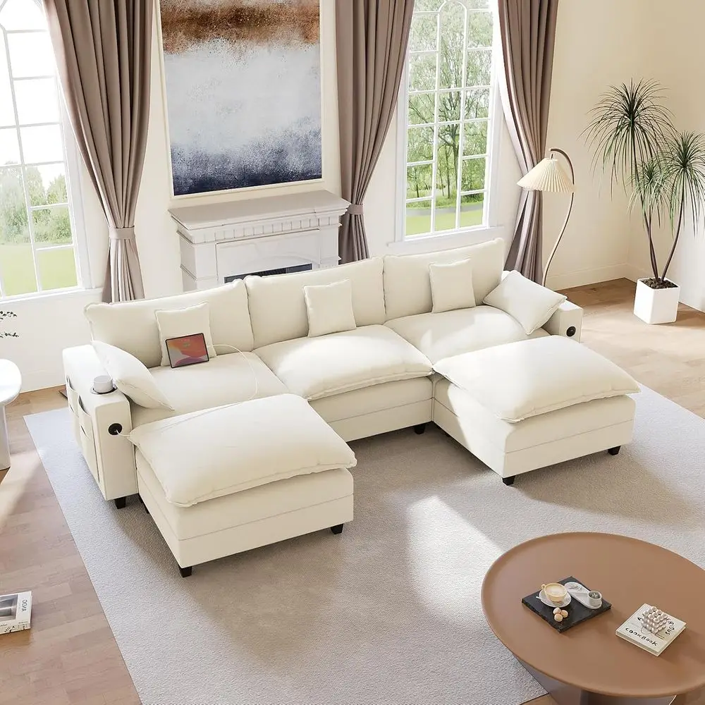 

Sectional Cloud Sofa with Ottoman, Deep Seat Design, Beige, Charging & Cup Holder Included