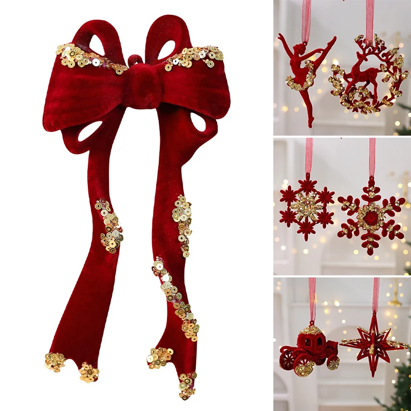 

Luxury Christmas Elk Ornament Red Velvet Bow Snowflakes Pendant Flocking Design for Tree Decorations 2026 New Year Home Decor