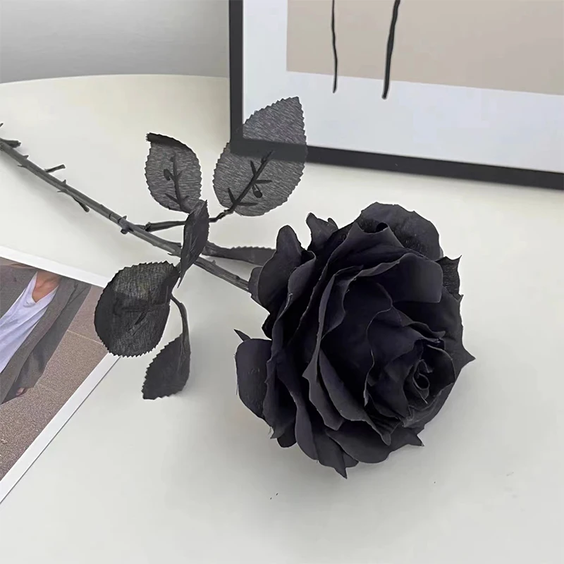 YOMDID 5Pcs Silk Black Rose Artificial Flower Head Bouquet Home Living Room Wedding Halloween Chritmas Decor New Year Decoration