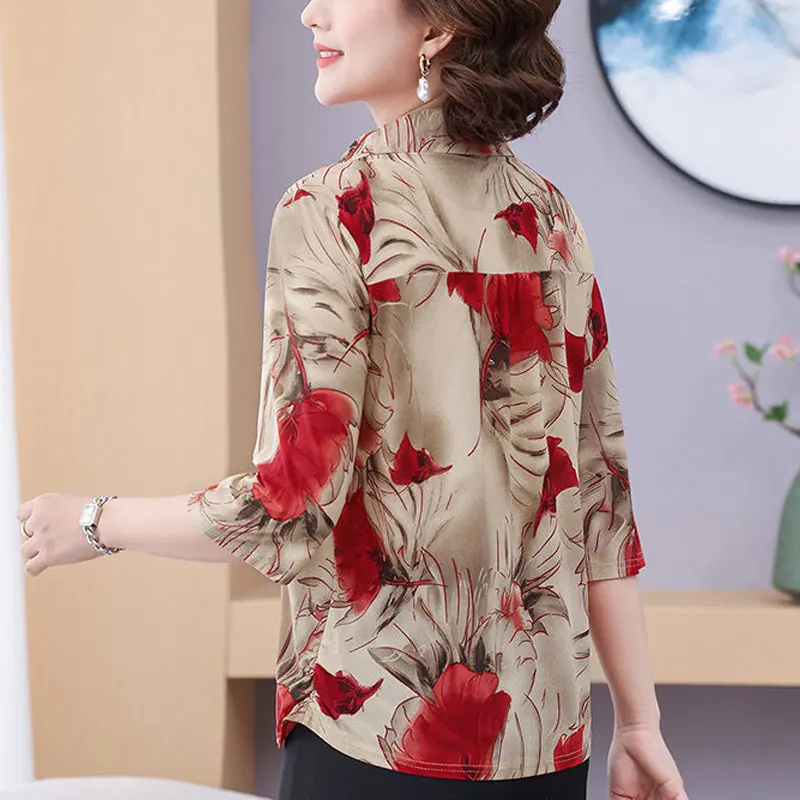 Stylish Peter Pan Collar Button Shirt Summer Thin 3/4 Sleeve Female Clothing Vintage Floral Printed Casual Spliced Loose Blouse