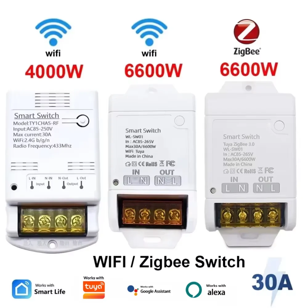 ZIGBEE/WiFi Smart Switch 30A 6600W/4000W Relay Module AC DC7-32V 85-250V Timer Home Automation Alexa Works with Tuya Smartlife