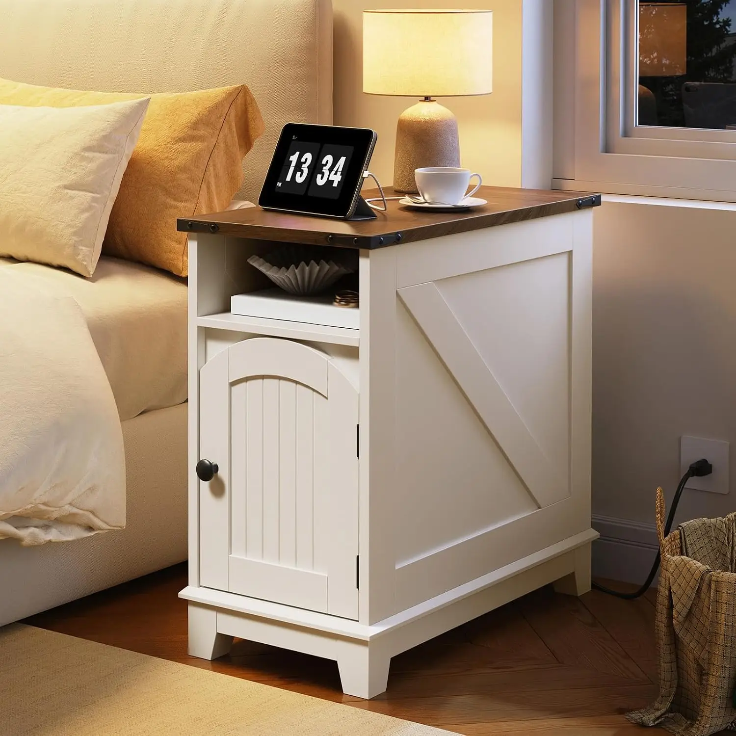 Narrow End Table With Charging Station, Slim Side Table For Small Living Room & Bedroom, Flip Top, White & Walnut, Customized