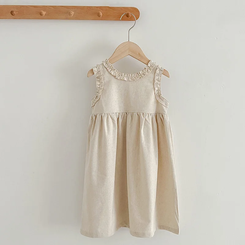 1-6Y Kids Baby Girl Dress Toddler Ruffles Sleeve Princess Dress Solid Cotton Linen Casual Dress for Party Flower Girl Clothes