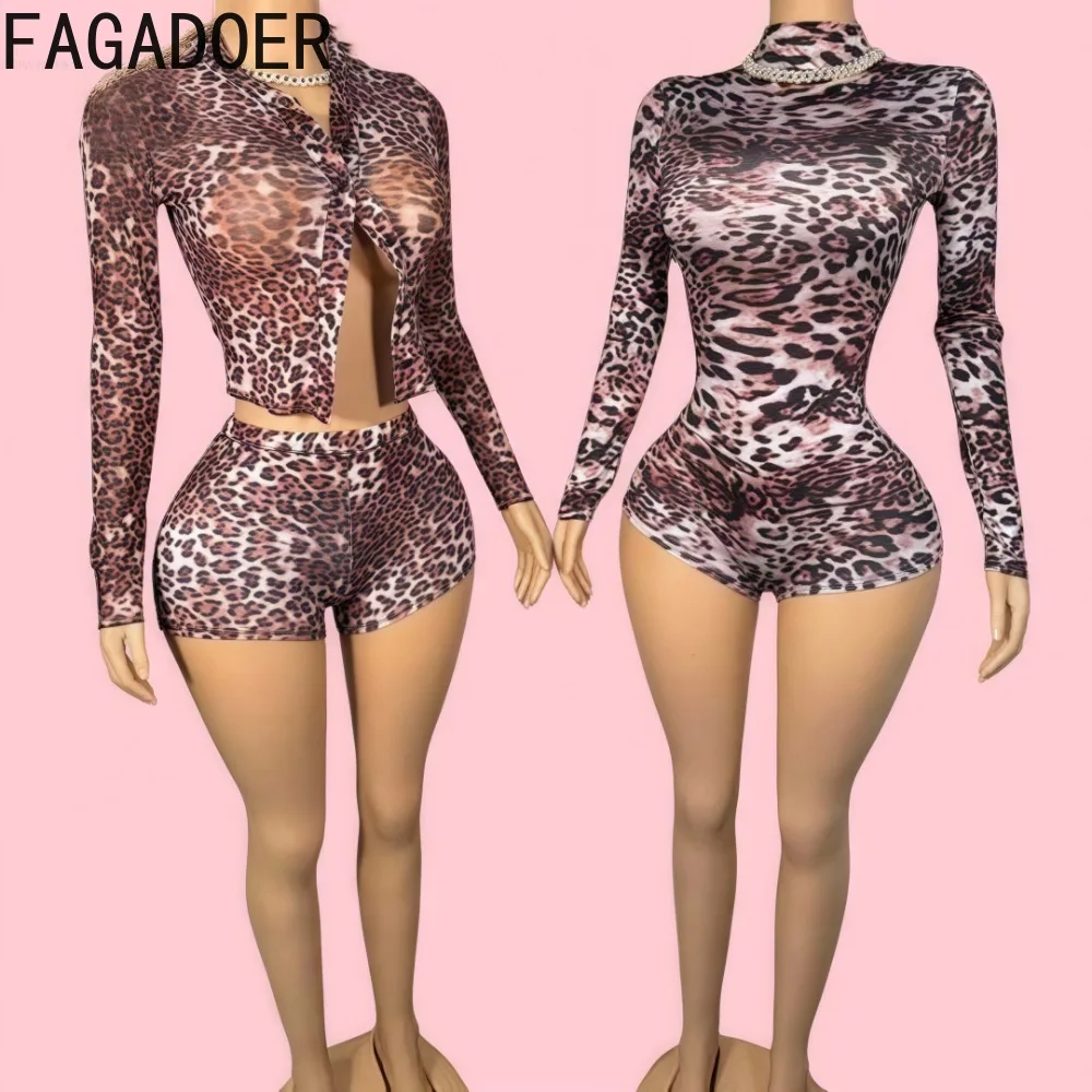 

FAGADOER Spring New Sexy Leopard Mesh See Though Two Piece Sets Women Button Long Sleeve Top And Shorts Outfits Fashion Clubwear