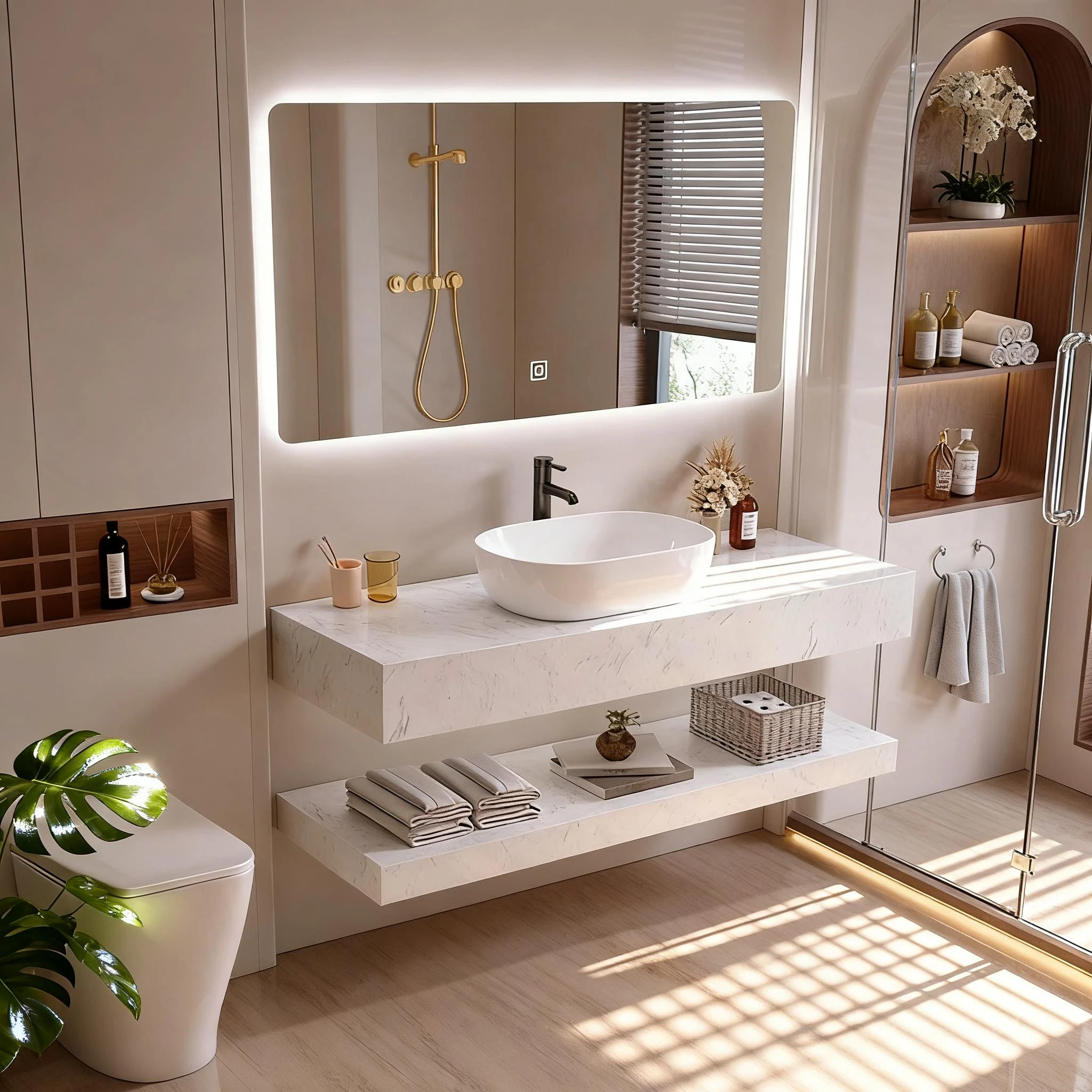 Luxury Modern Marble Bathroom Vanity With Smart Mirror Ceramic Basin Wall-mounted Design For Apartment Hotel Use 5 Year Warranty